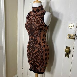 Intimately Free People Black Brown Patterned Bodycon Mock Neckline Dress M/L